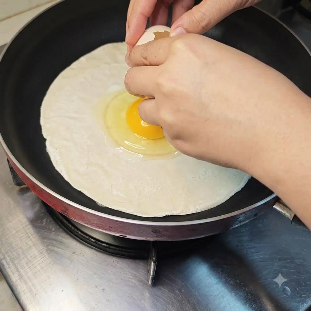 Un uovo che viene rotto direttamente al centro di un pancake ai cipollotti crudo in una padella.