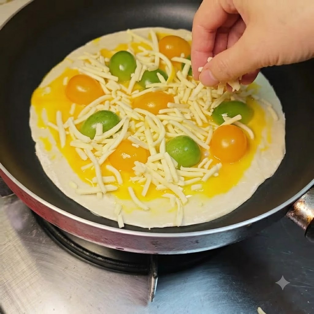 Mozzarella grattugiata sparsa a mano sopra lo strato di pomodorini e uovo.