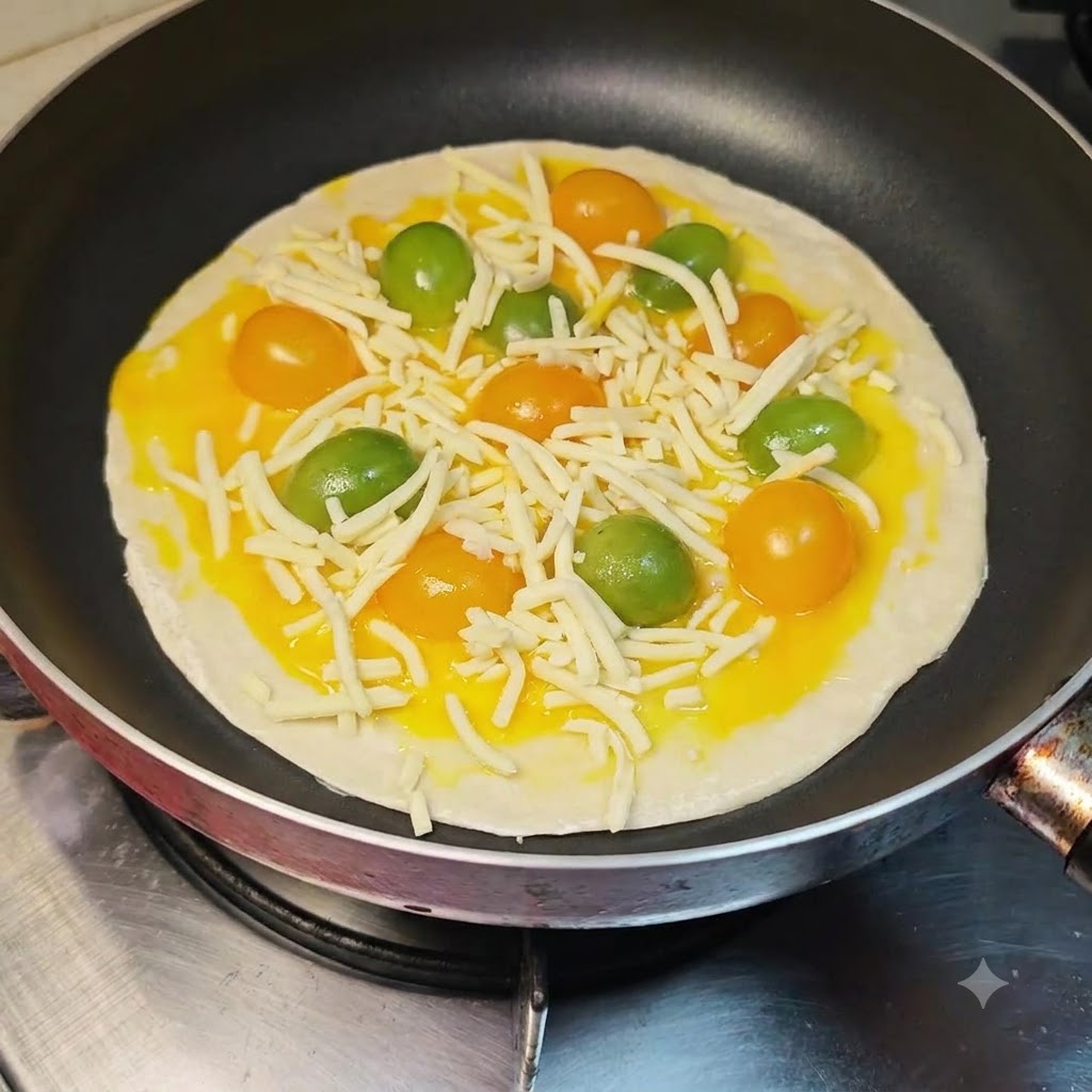 Ketchup spremuto con un motivo a zigzag sulla base del pancake al formaggio nella padella.