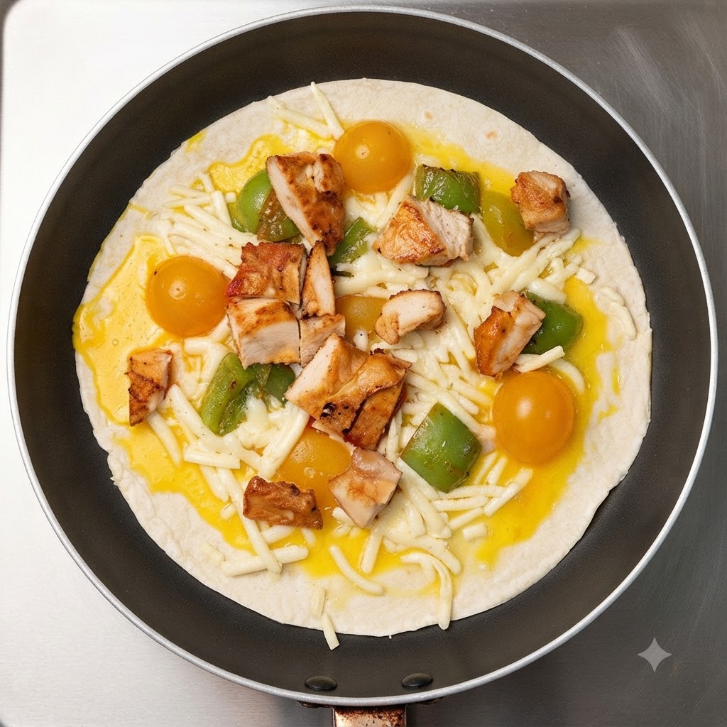 Pezzi di petto di pollo cotto disposti sopra gli ingredienti nella padella.