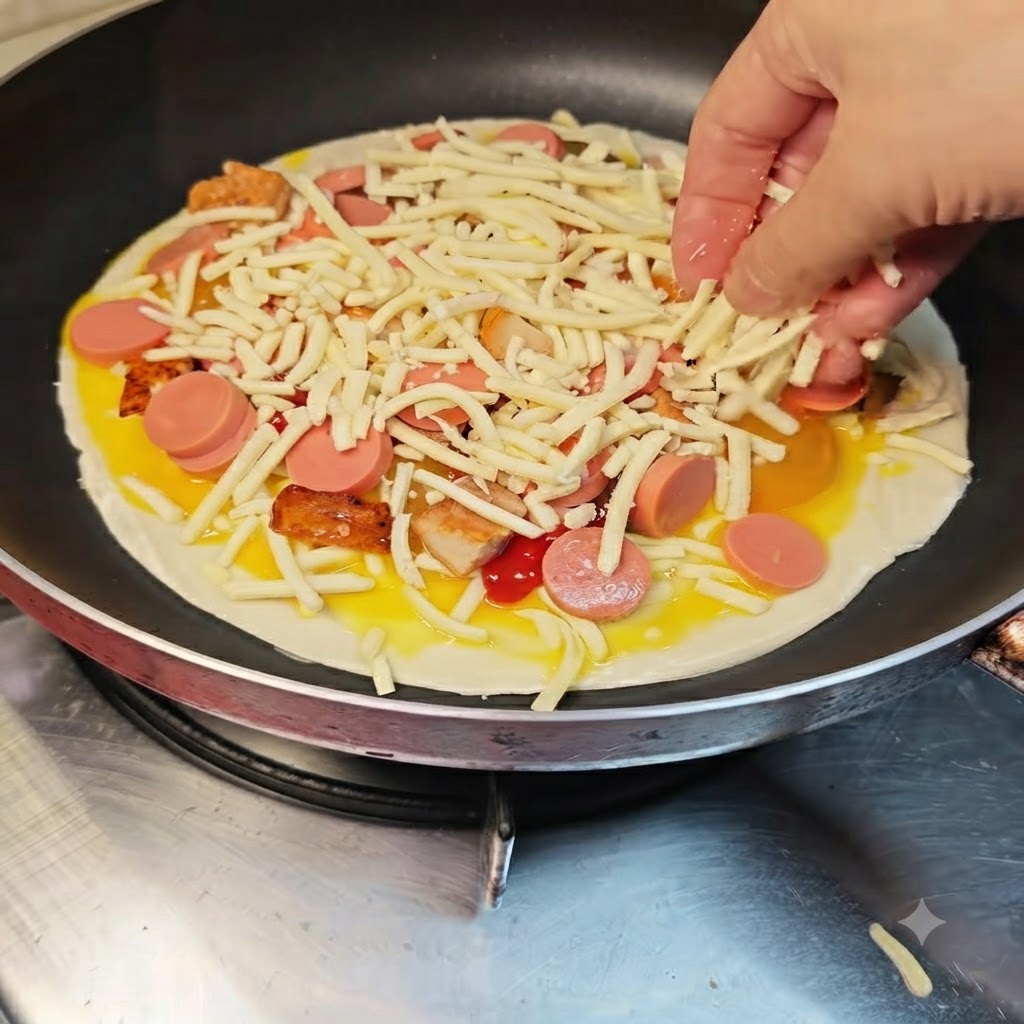 Una mano che sparge una generosa manciata di formaggio grattugiato sui condimenti della pizza.