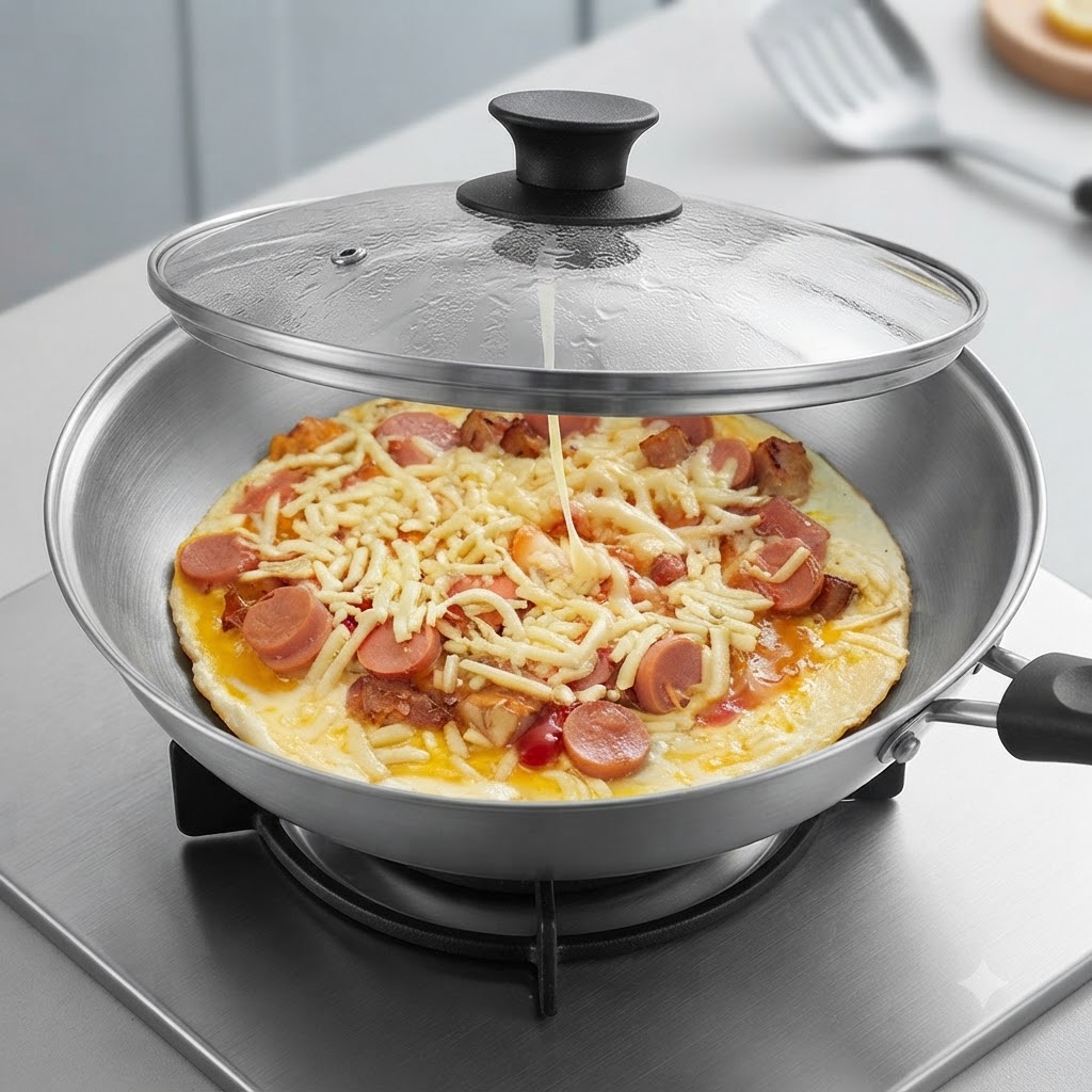 Una padella coperta con un coperchio di vetro trasparente posizionata su un fornello.