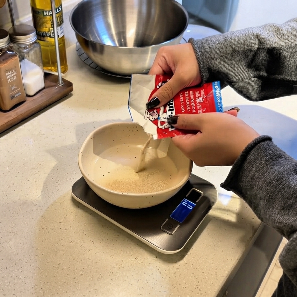 Lievito secco versato da una bustina rossa in una ciotolina di ceramica su una bilancia digitale con acqua.