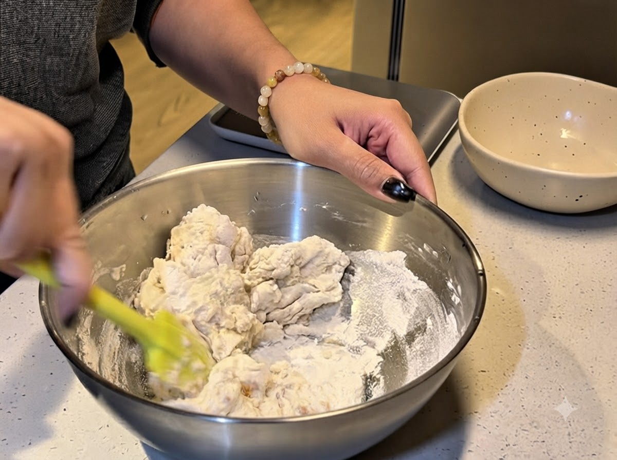 Una persona usa una spatola gialla per raschiare e mescolare gli ingredienti dellimpasto in una ciotola dacciaio.