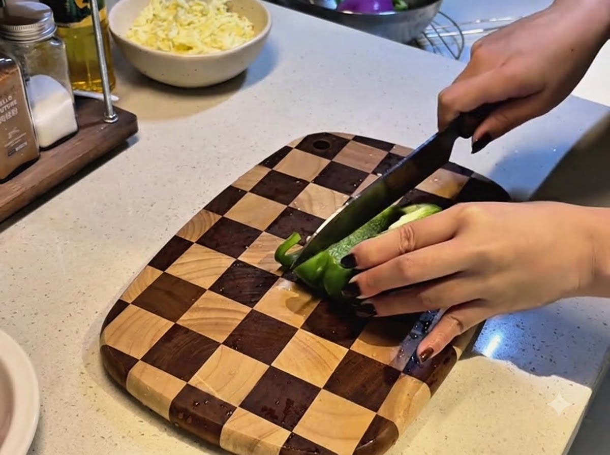 Un coltello da cucina che affetta un peperone verde fresco su un tagliere di legno a scacchi.