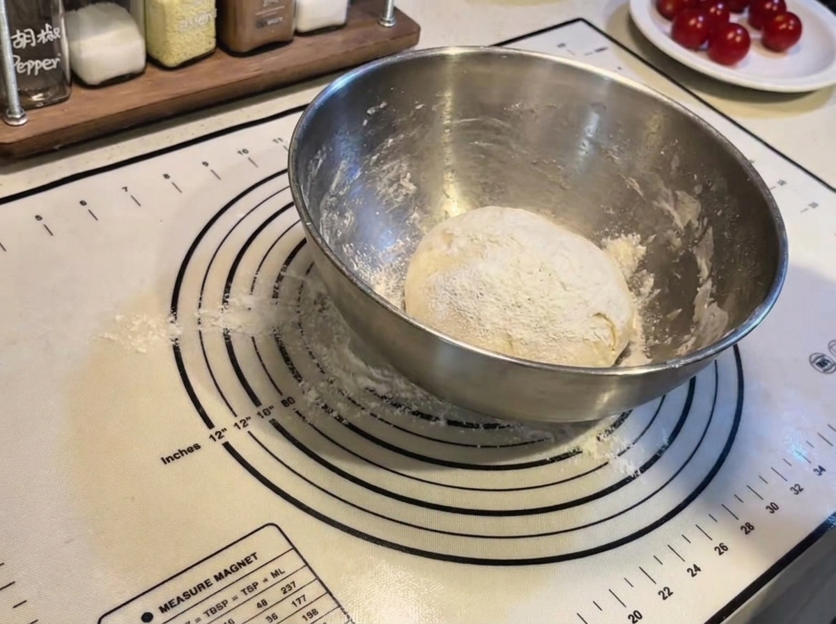 Una pallina tonda di impasto per pizza spolverata di farina allinterno di una ciotola dacciaio su un tappetino in silicone da forno.