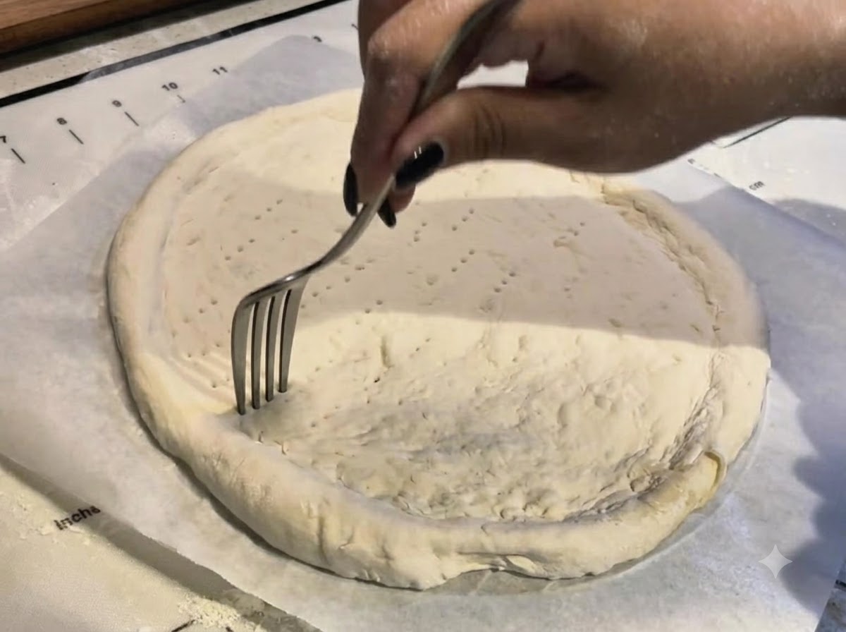 Una mano usa una forchetta di metallo per fare piccoli fori uniformi al centro di una base per pizza stesa.