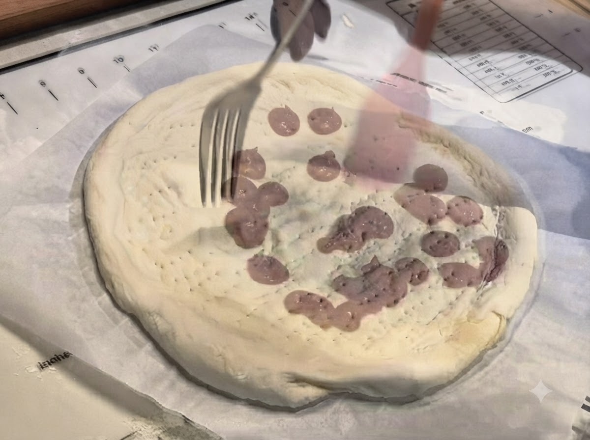 Una spatola in silicone rosa che spalma gocce di salsa per pizza in modo uniforme al centro dellimpasto.