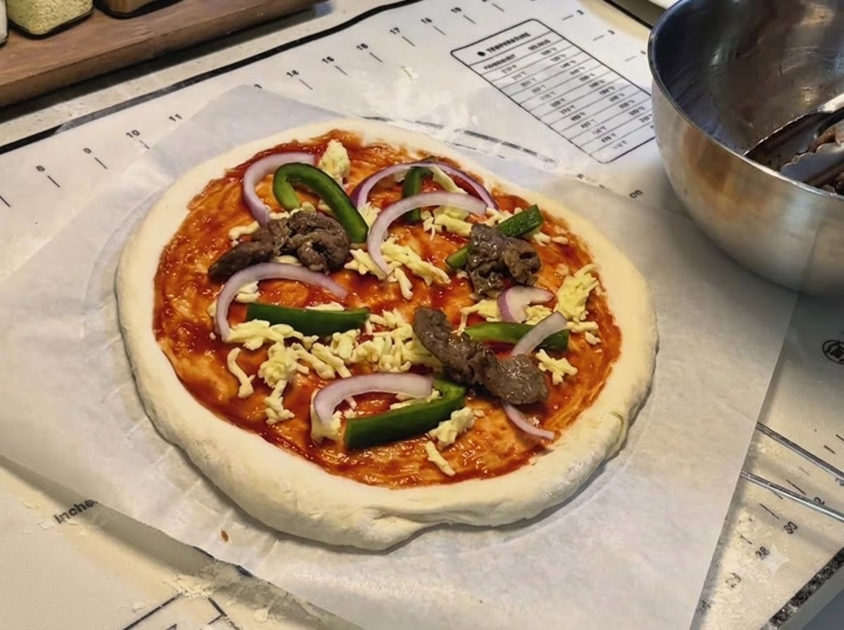 Una base per pizza condita con salsa per pizza, formaggio grattugiato, striscioline di peperone verde, fette di cipolla rossa e pezzetti di manzo cotto.