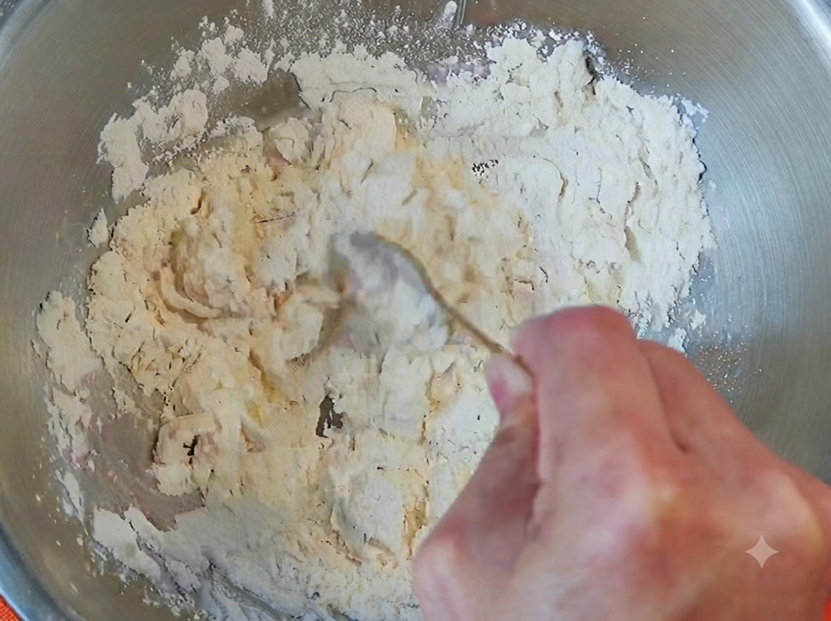 Una mano che mescola farina e acqua tiepida in una ciotola di metallo per formare piccoli fiocchi di impasto.