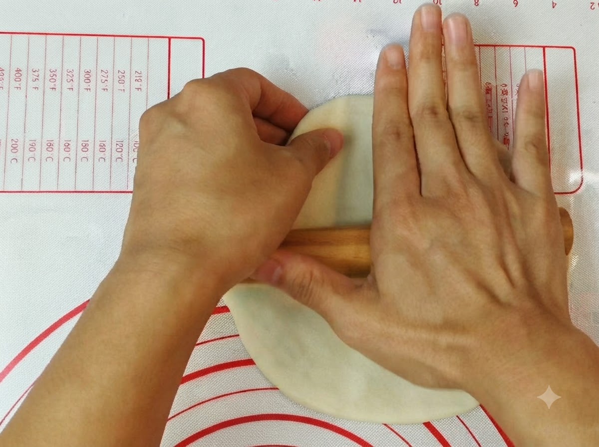 Mani che usano un mattarello di legno per appiattire e modellare limpasto della pizza su un tappetino in silicone.
