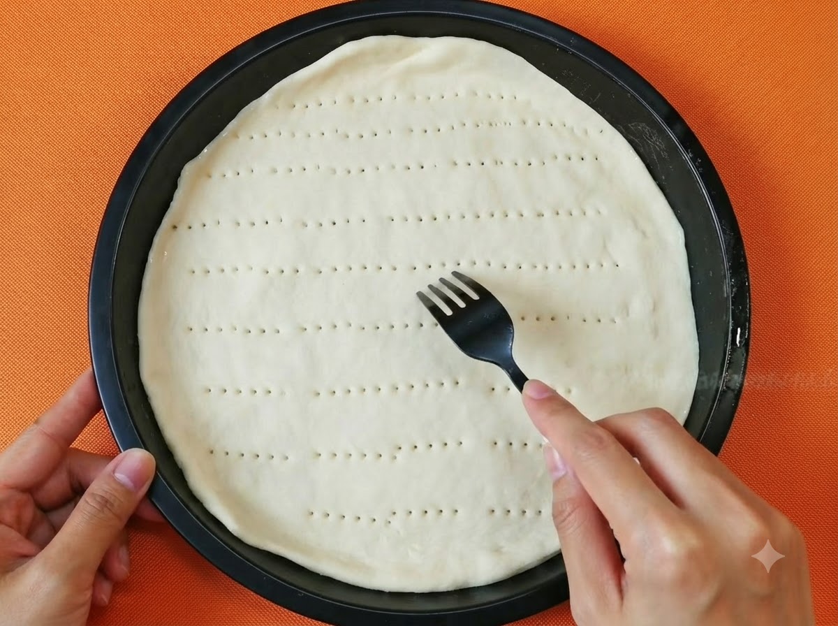 Una mano che utilizza una forchetta di plastica nera per praticare piccoli fori sulla pasta della pizza bianca e piatta allinterno di una teglia nera.