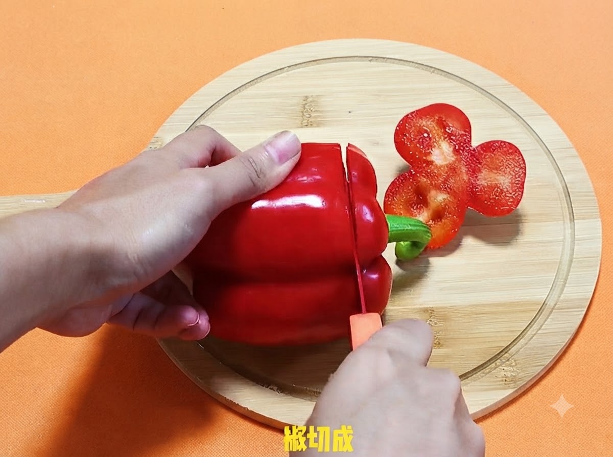 Una persona che affetta un grande peperone rosso su un tagliere di legno rotondo con un piccolo coltello dal manico arancione.