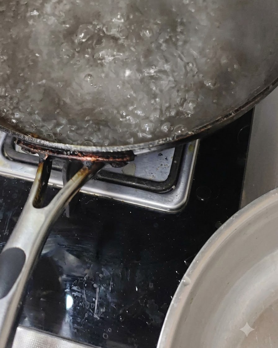 Una pentola di acqua bollente sul fuoco che bolle attivamente durante il processo di cottura.