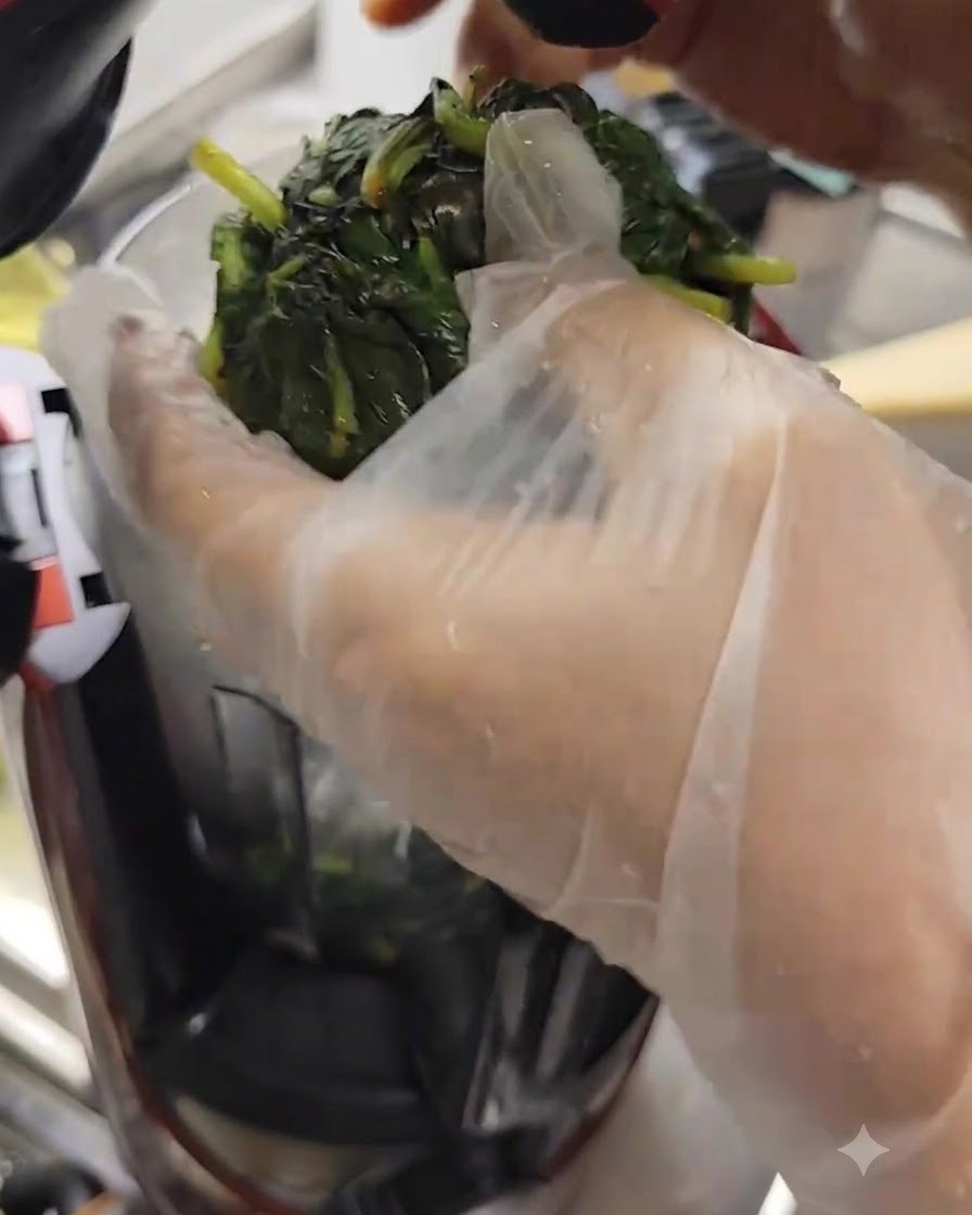 Mani con i guanti che stringono saldamente una palla di foglie di basilico bagnate per scolare il liquido.
