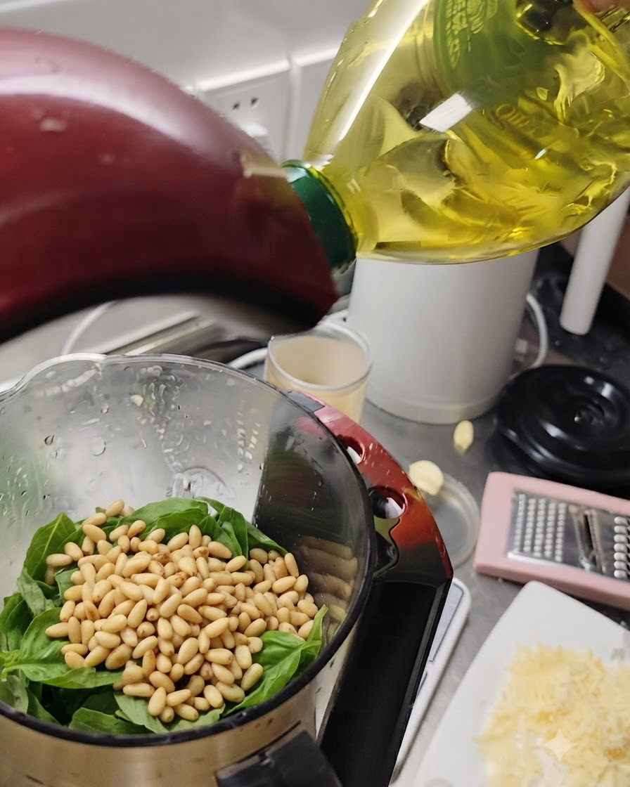 Olio doliva versato da una bottiglia nel frullatore contenente foglie di basilico e pinoli.
