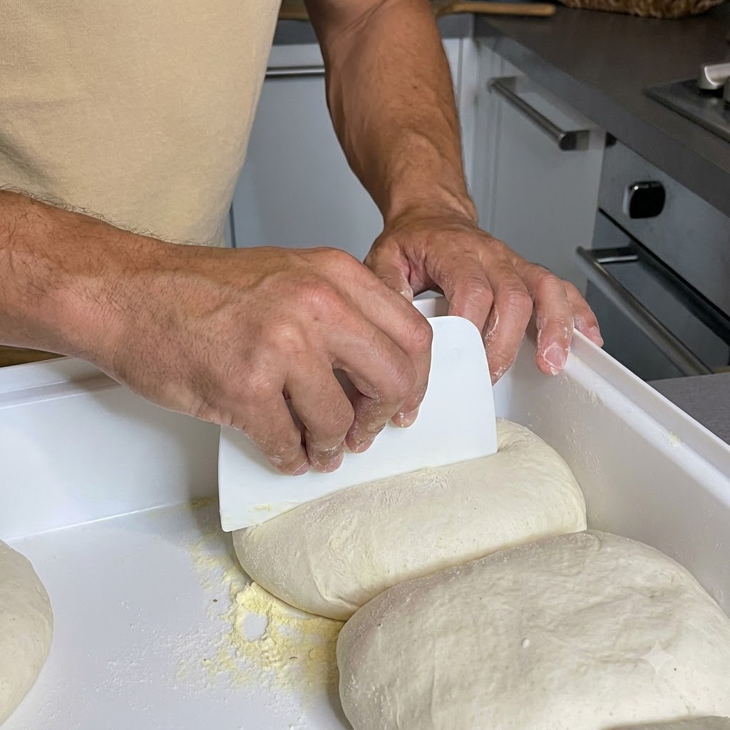 Una persona che solleva una pallina di impasto per pizza con un tarocco da un contenitore bianco su una superficie coperta di farina di mais.