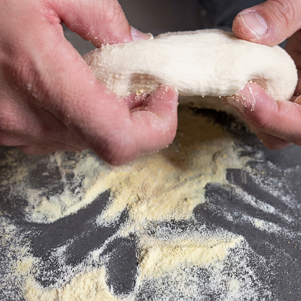 Primo piano di mani che stendono un pezzo rotondo di impasto per pizza su un piano di lavoro scuro cosparso di farina di mais.
