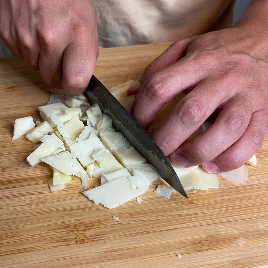 Un coltello che taglia il formaggio su un tagliere di legno con pezzi pronti per essere frullati.