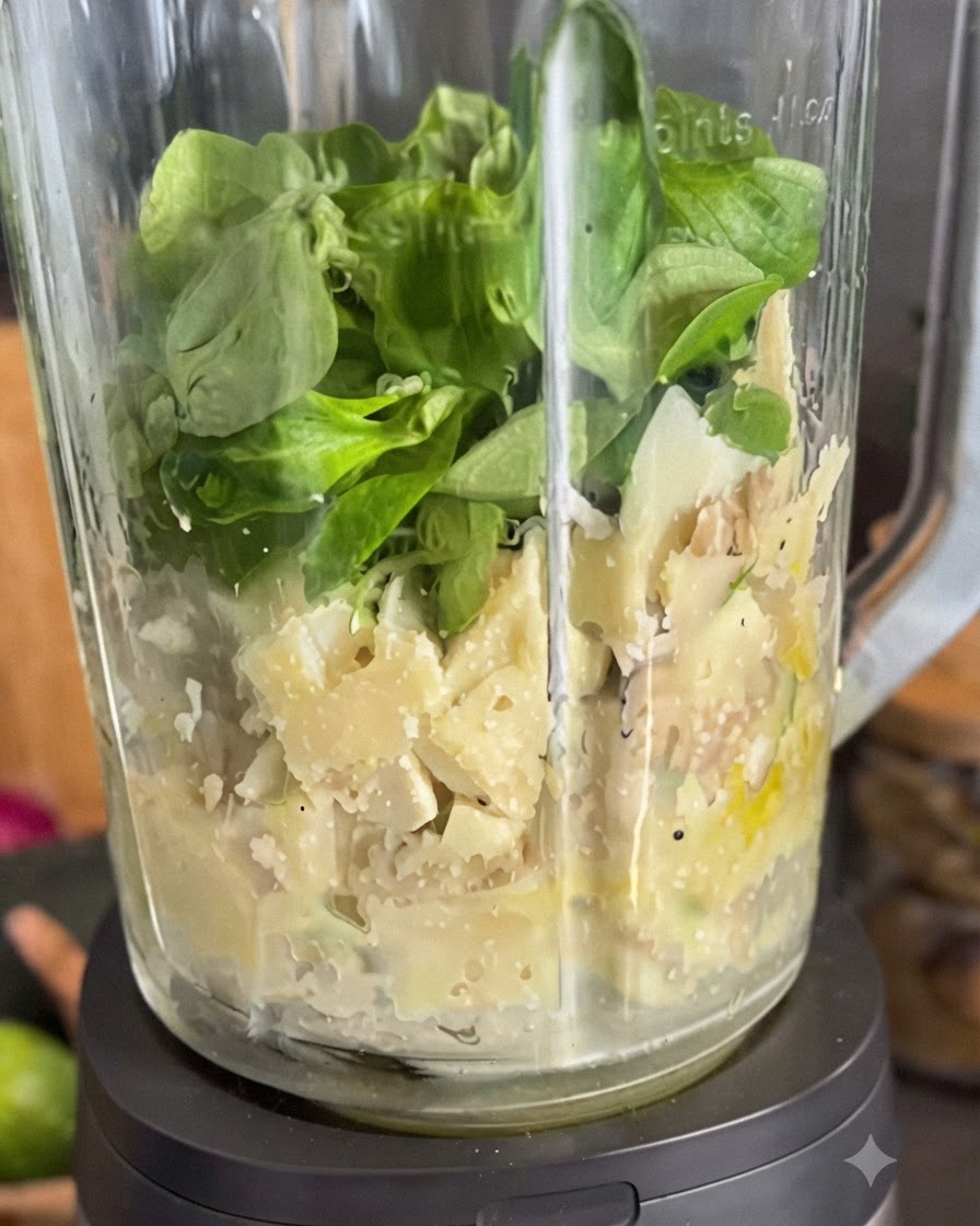 Salsa di pesto verde brillante che cola dalla brocca del frullatore in un barattolo di vetro.
