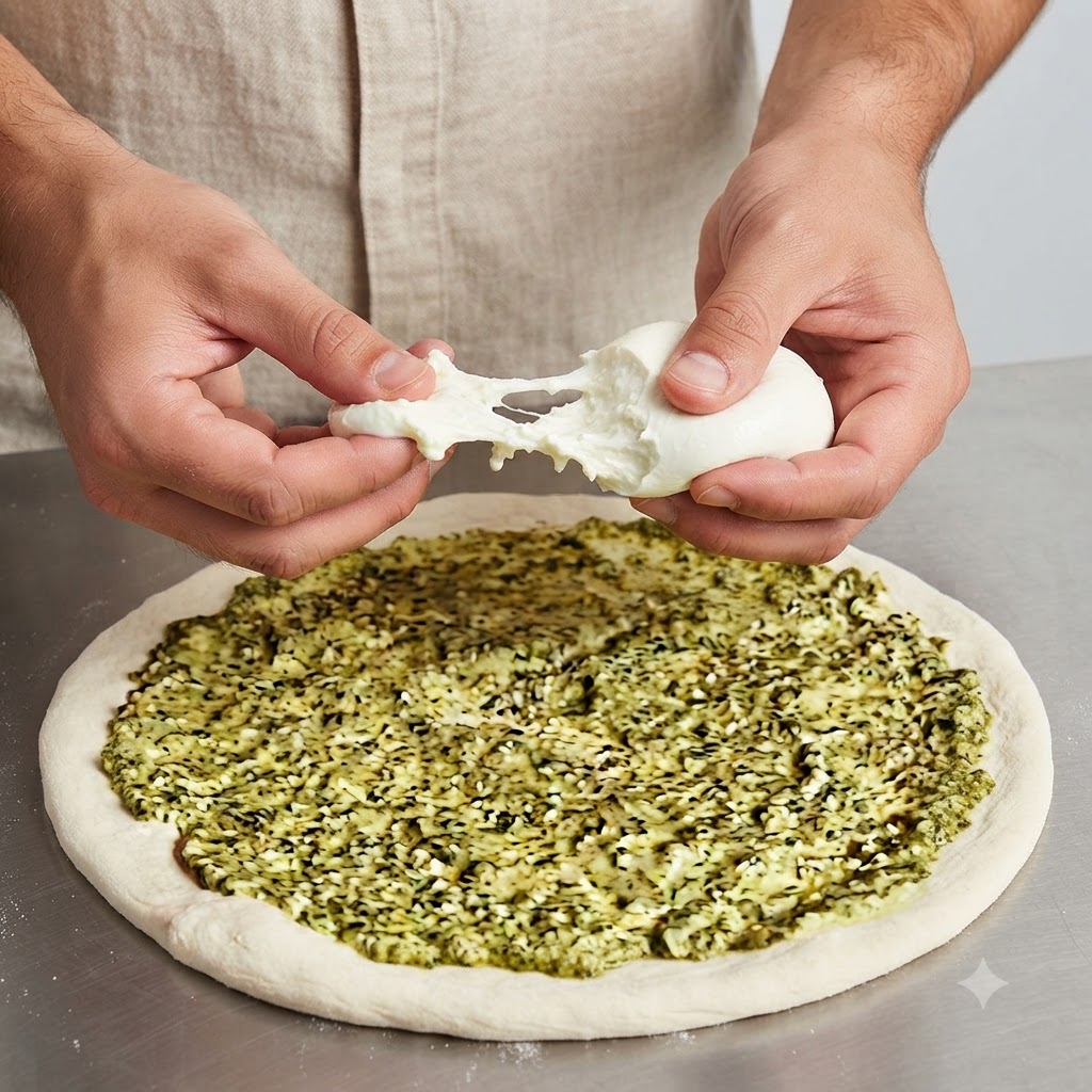 Mani che strappano e posizionano pezzi di formaggio bianco sulla base di pasta per pizza coperta di pesto.
