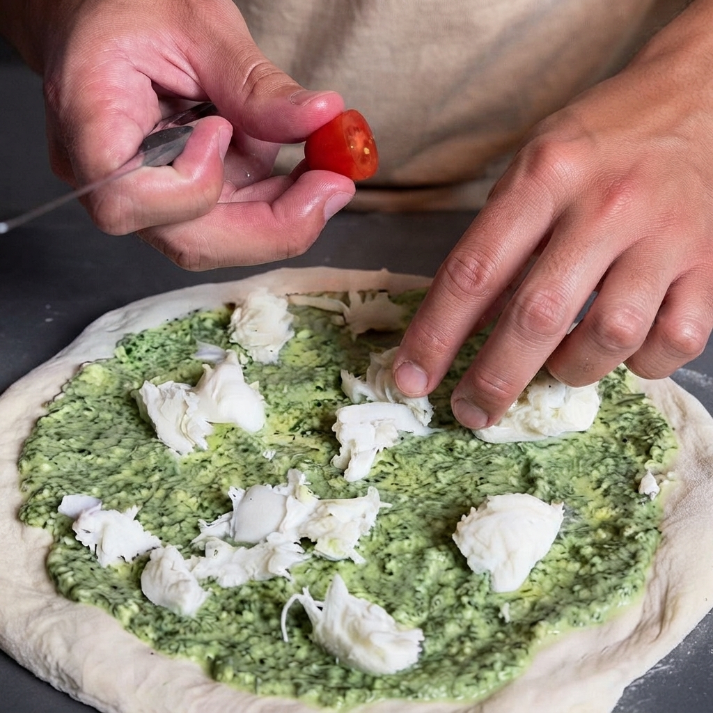 Primo piano di mani che posizionano pomodorini tagliati a metà sulla pizza in assemblaggio.