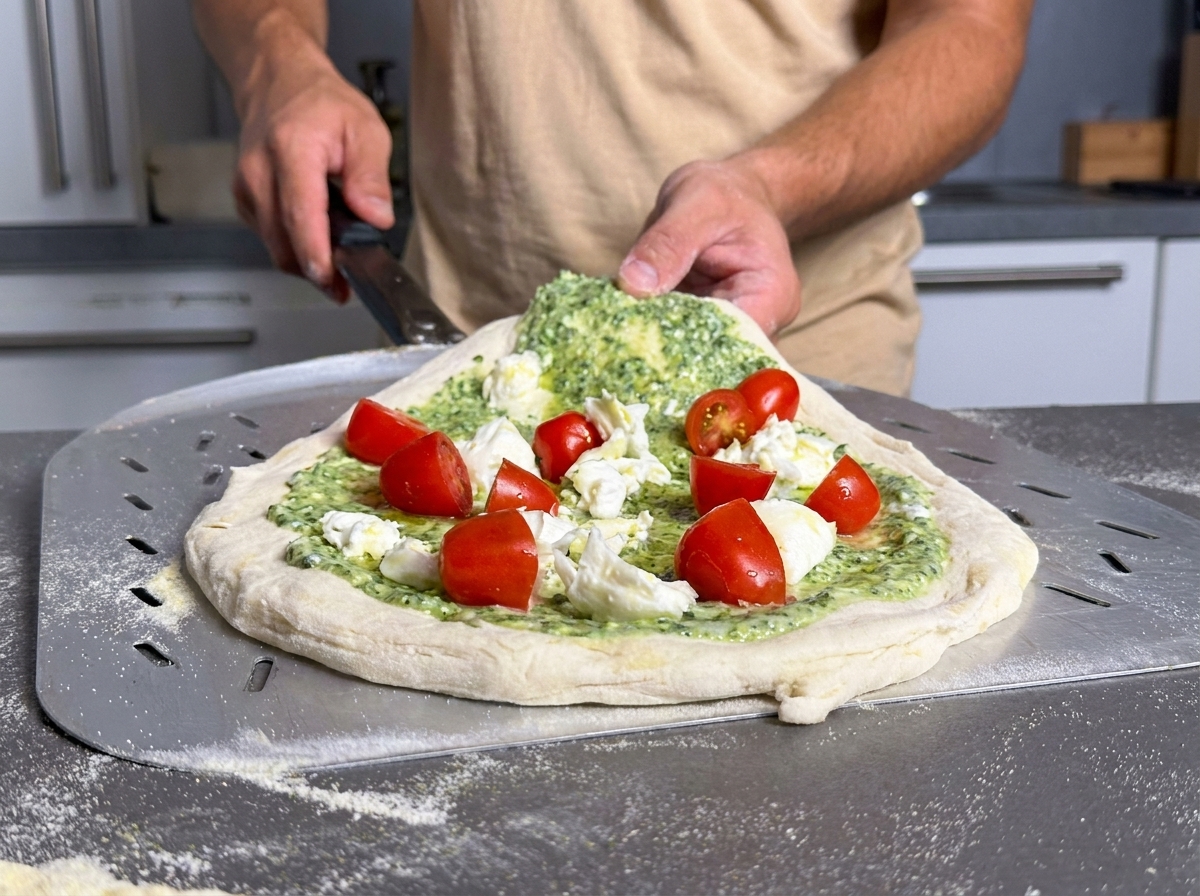 Una pala di metallo che trasporta la pizza preparata mentre viene infornata in un forno per pizza caldo.