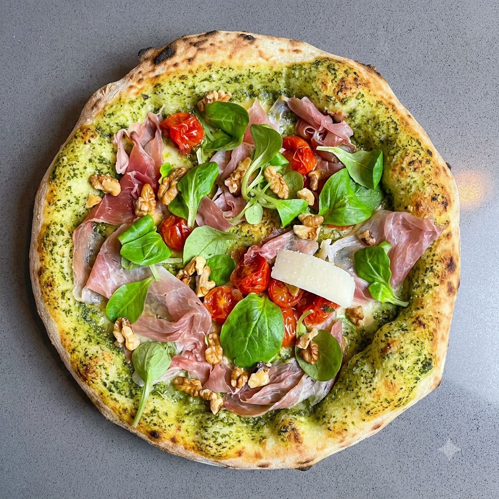 Sottili riccioli di formaggio tagliati con un pelapatate su una pizza completata.
