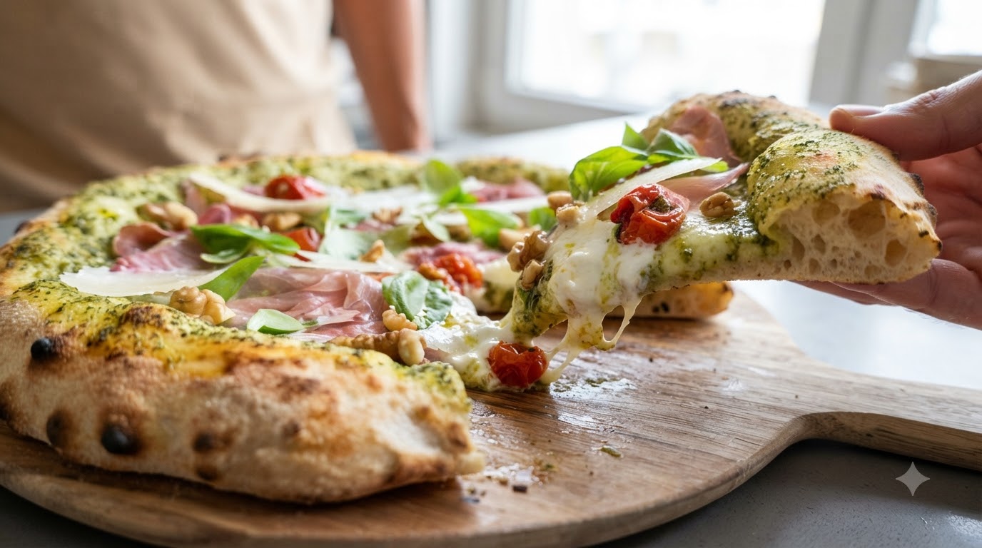 Pizza Napoletana al Pesto con Burrata, Prosciutto e Noci