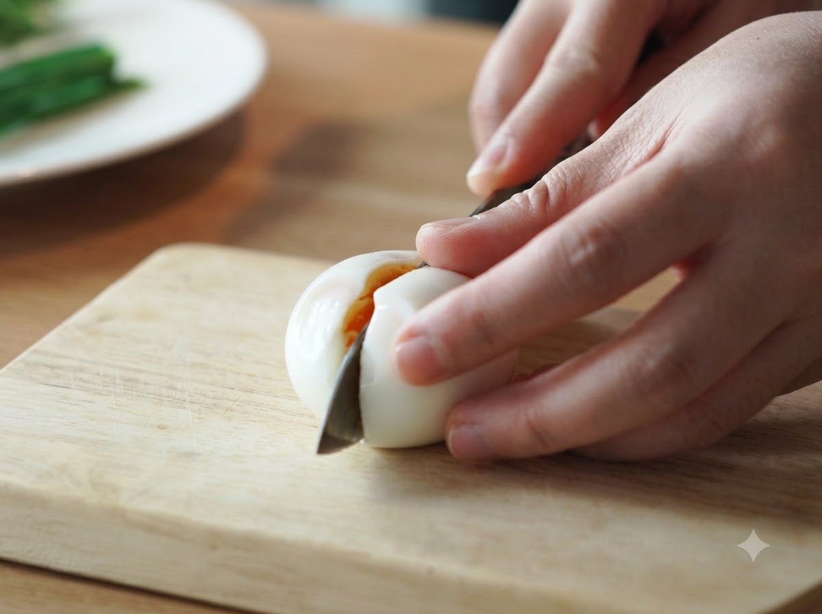 Tagliare a metà un uovo barzotto sgusciato con un coltello su un tagliere di legno, mostrando il tuorlo arancione e cremoso.