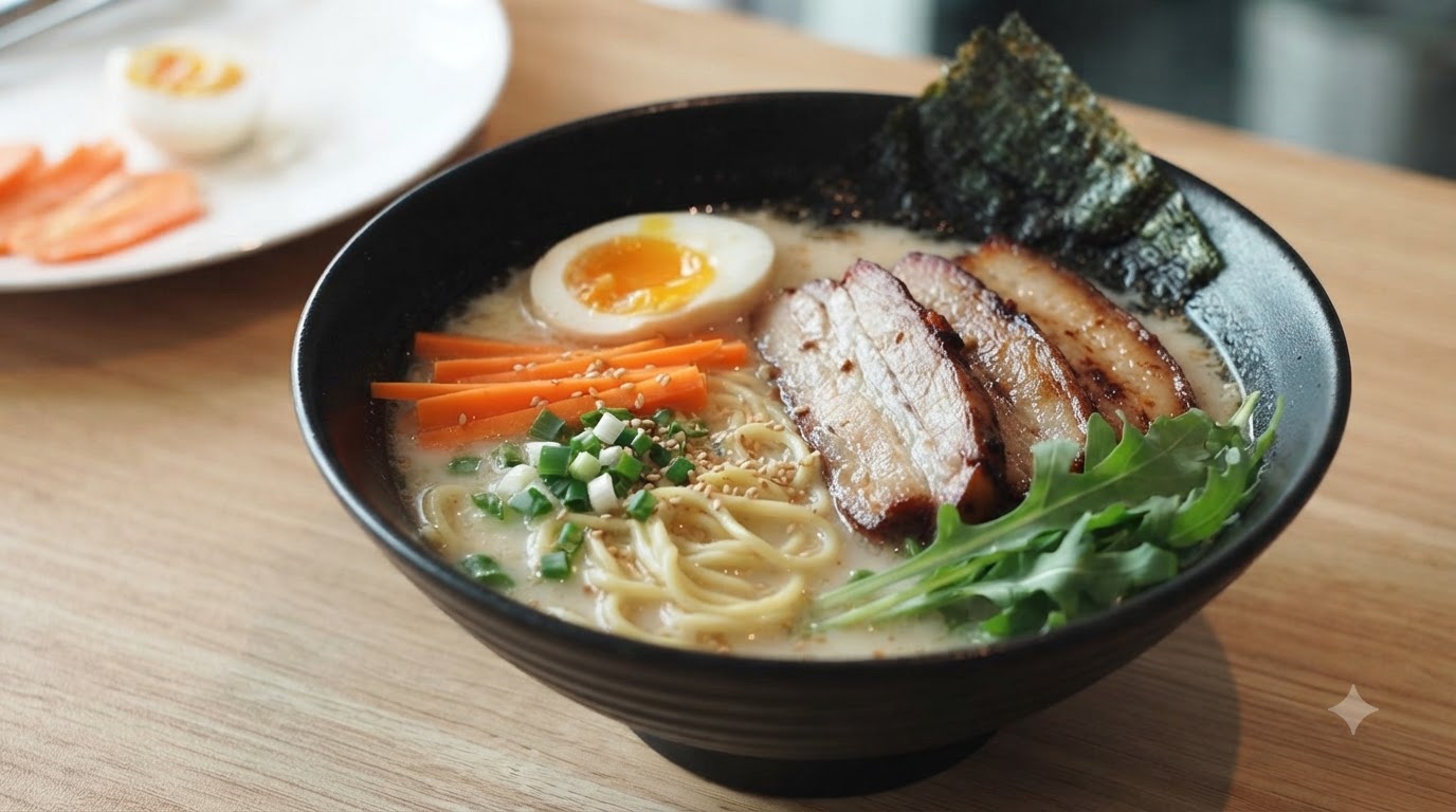 Una ciotola fumante di ramen con chashu affumicato, un brodo ricco e cremoso, noodles, fette di maiale, uovo barzotto e guarnizioni fresche.