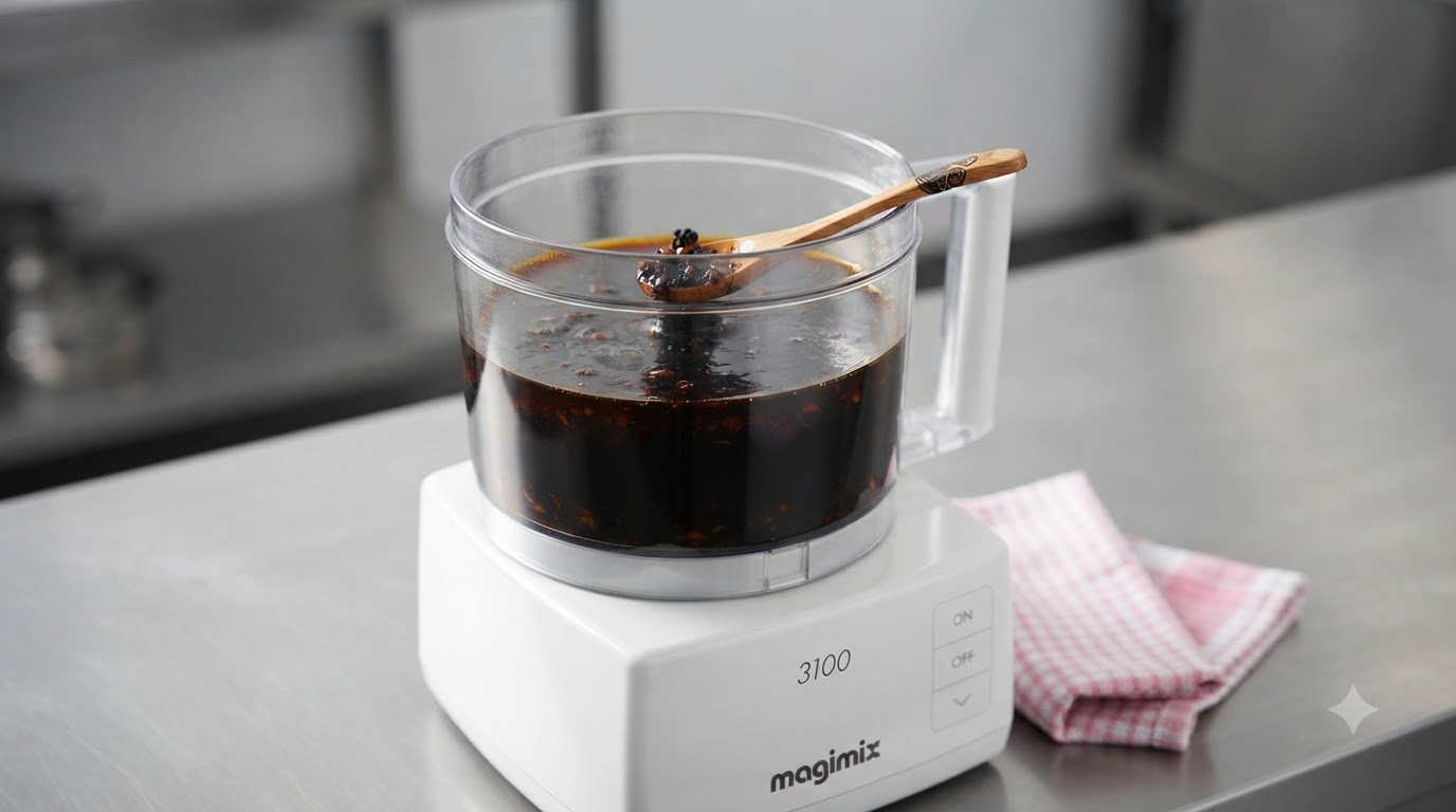 Un primo piano del contenitore di un robot da cucina riempito di ricco olio di aglio nero appena macinato, con un cucchiaio appoggiato vicino al contenitore.