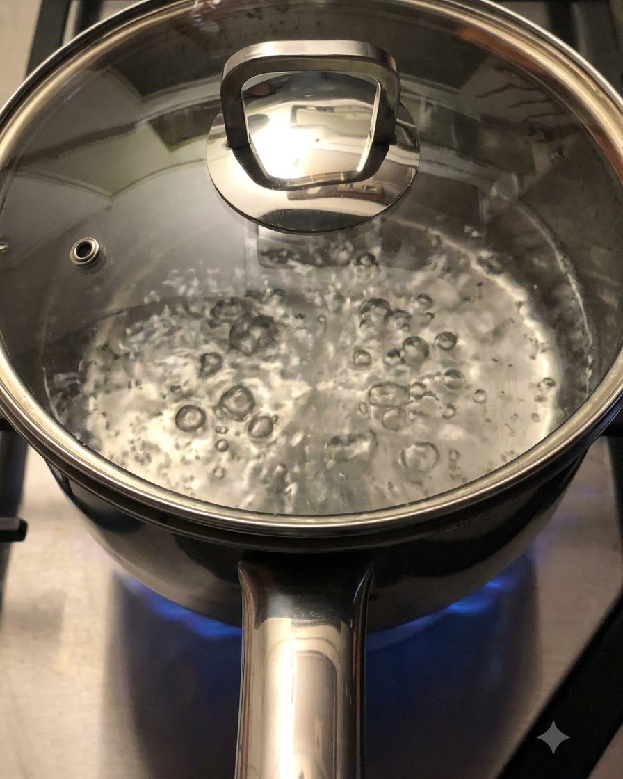 Un coperchio di vetro trasparente posizionato su una pentola di acqua bollente che bolle attivamente su un fuoco della cucina.