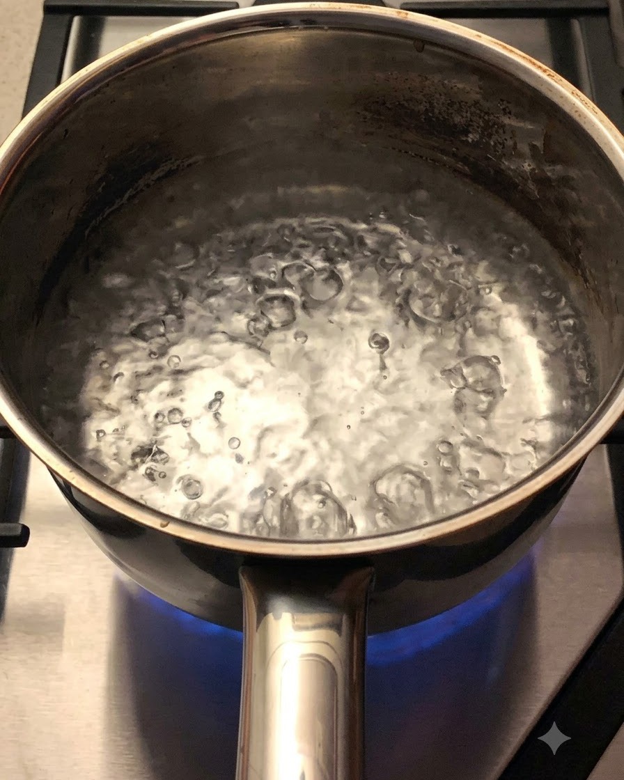 Un panetto di noodle disidratati che bolle allinterno di una pentola di acqua calda sul fuoco.