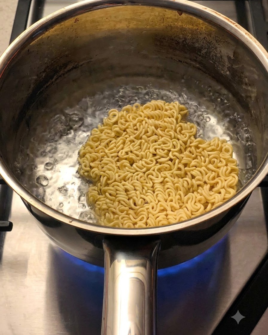 Un panetto di noodle disidratati che bolle in una pentola con condimento e fiocchi di verdure sparsi sopra.