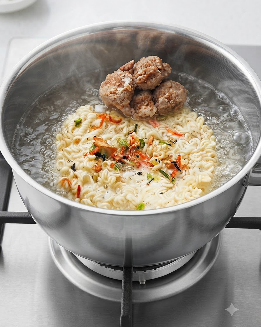 Polpette fatte in casa adagiate sopra il panetto di noodle allinterno della pentola di acqua bollente.