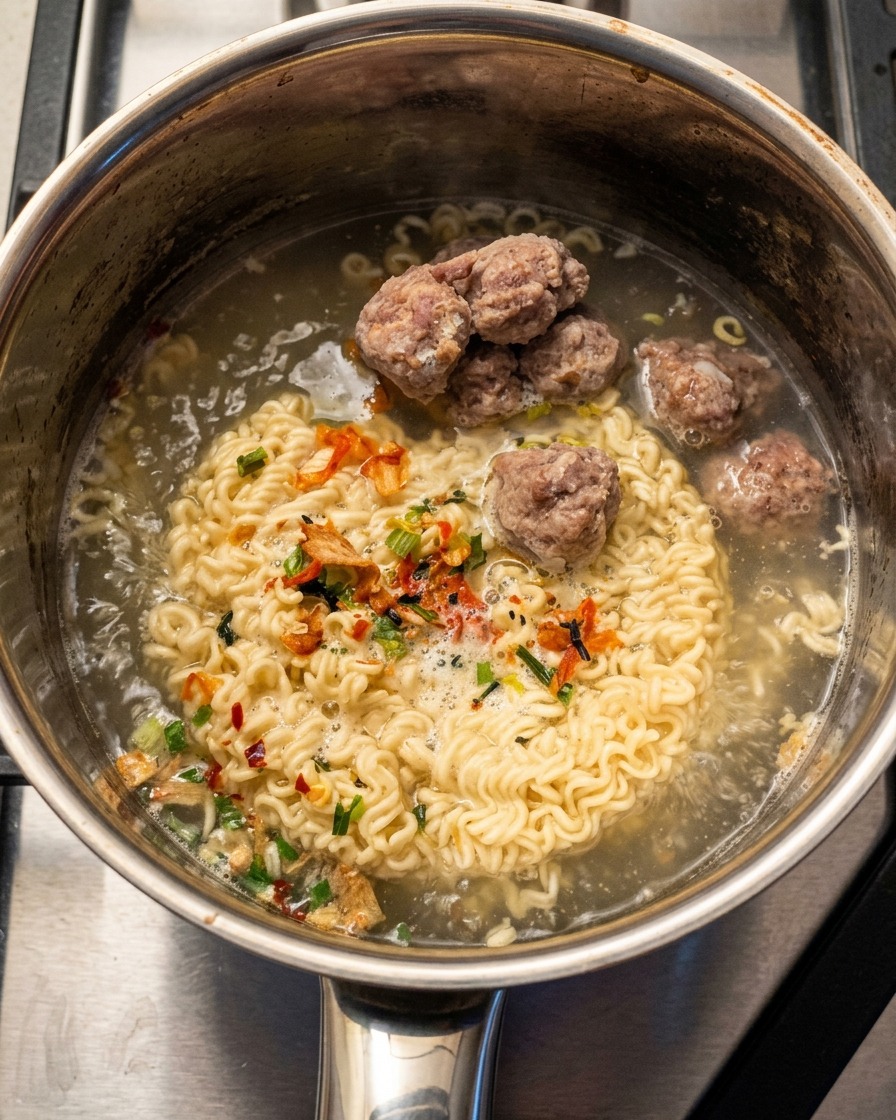 Tofu bianco tagliato a cubetti aggiunto nella pentola intorno ai noodle e alle polpette.