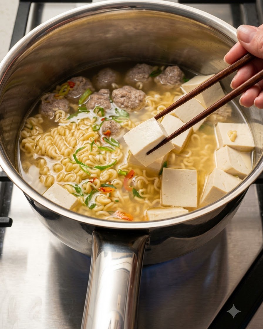 Kimchi a fette aggiunto nella pentola di noodle, polpette e tofu con le bacchette che tengono un pezzo di tofu.