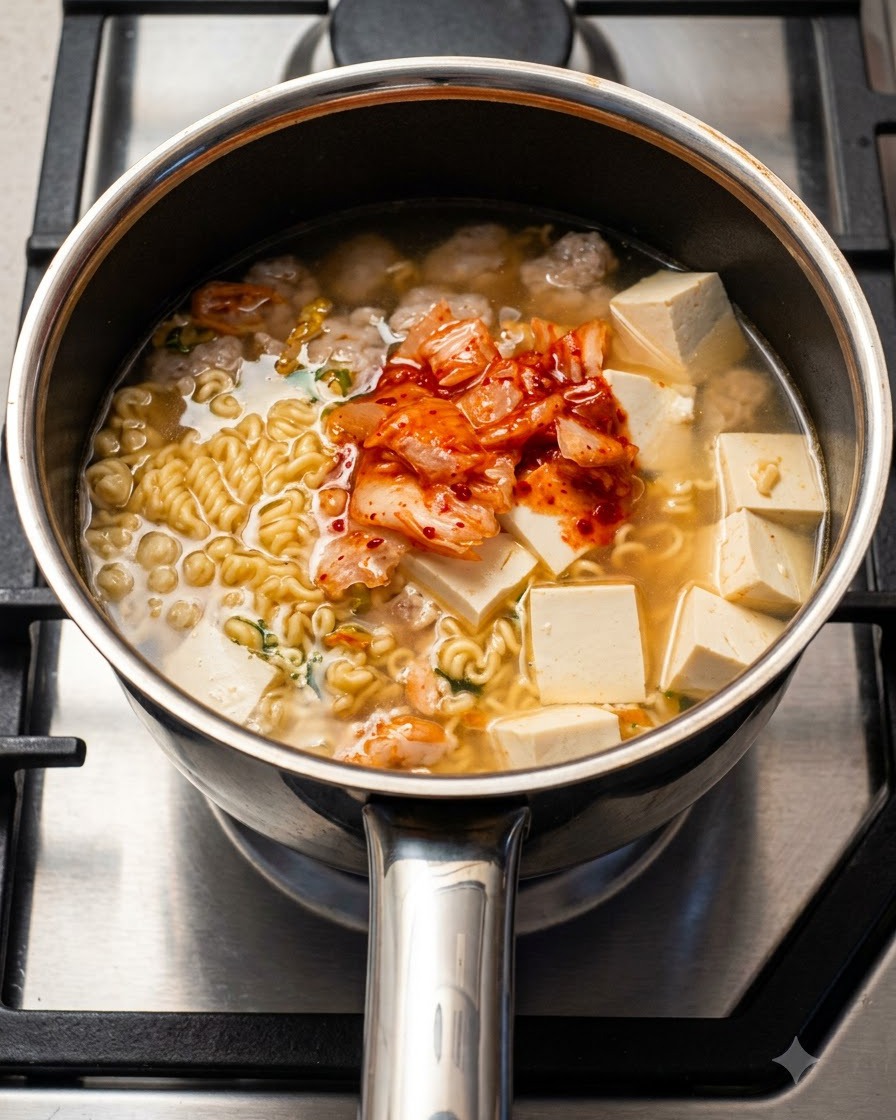 Polvere di condimento spruzzata da una piccola bustina direttamente in una pentola piena di brodo, noodle, tofu e kimchi.