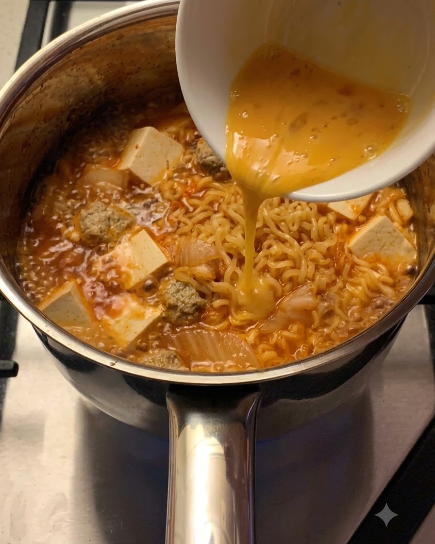 Uovo sbattuto versato a filo da una ciotola bianca nella zuppa di ramen bollente con noodle e tofu.