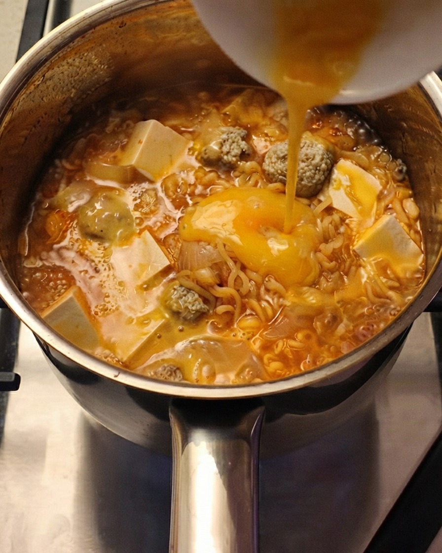 Cipollotti tritati cosparsi sopra una pentola fumante di noodle e zuppa con uovo.