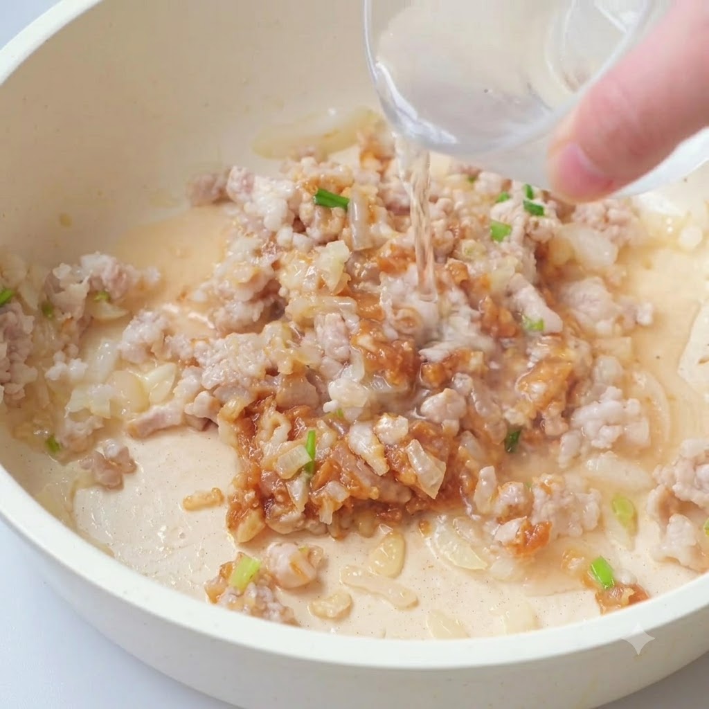 Acqua versata nella padella sopra il composto di carne e salsa.