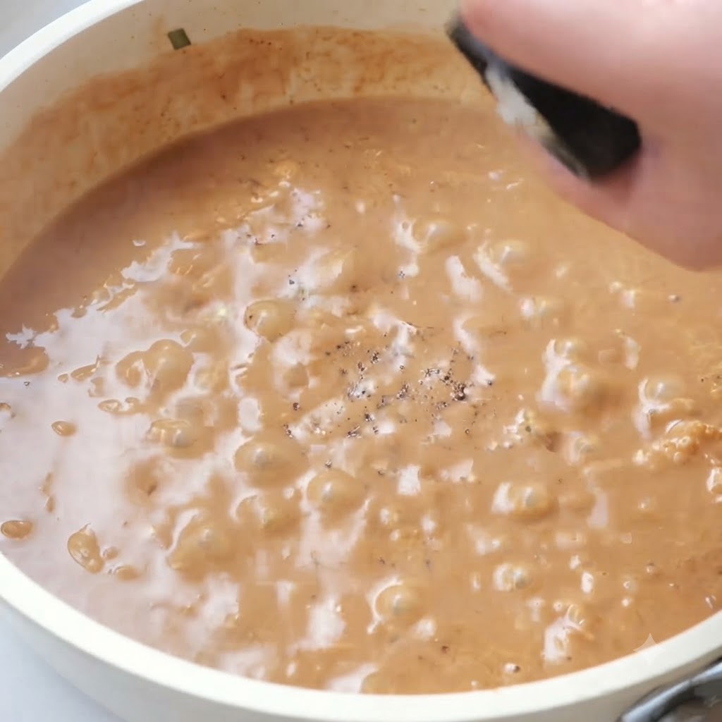 Salsa in ebollizione in una padella con pepe nero spolverato sopra.