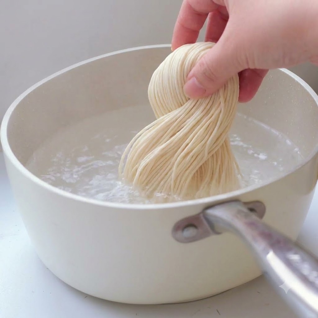 Un fascio di noodle ramen immerso in una pentola di acqua bollente.