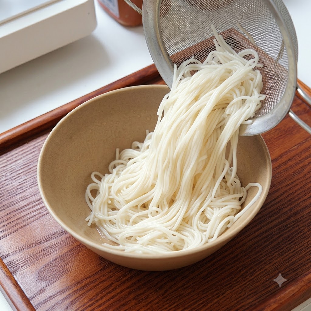 Noodle cotti versati da un colino in una ciotola.