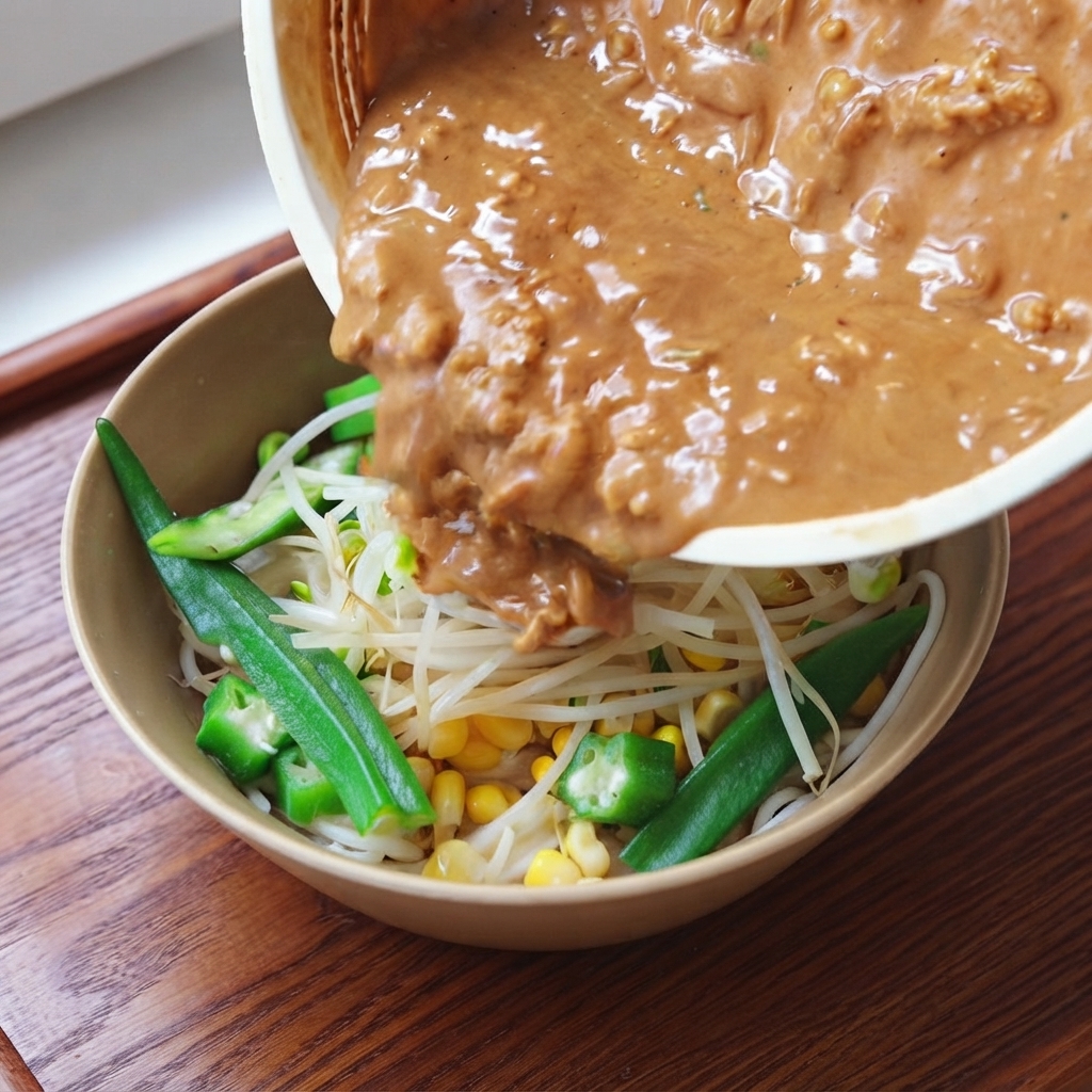 Ricca salsa di carne marrone versata da una ciotola su un piatto da portata pieno di noodle bianchi, germogli di soia verdi, mais giallo e okra verde brillante.