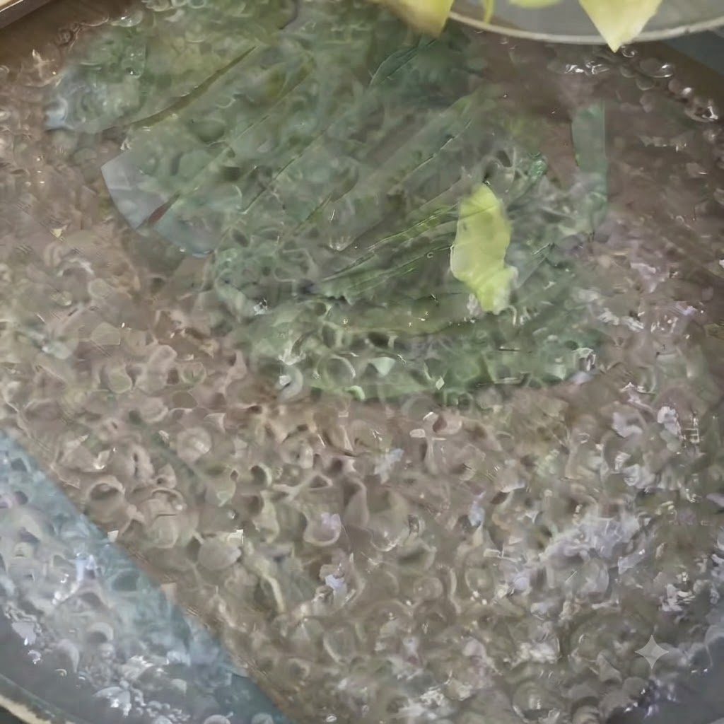 Cavolo e daikon sminuzzati in ebollizione in una pentola dacqua.