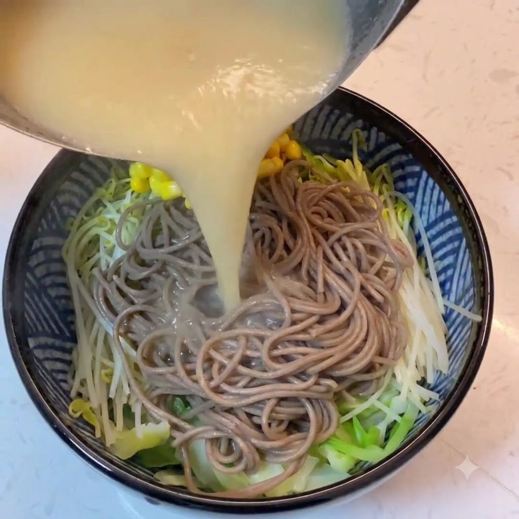 Brodo caldo di miso bianco e chicchi di mais gialli versati da una pentola in una ciotola di noodles e verdure.