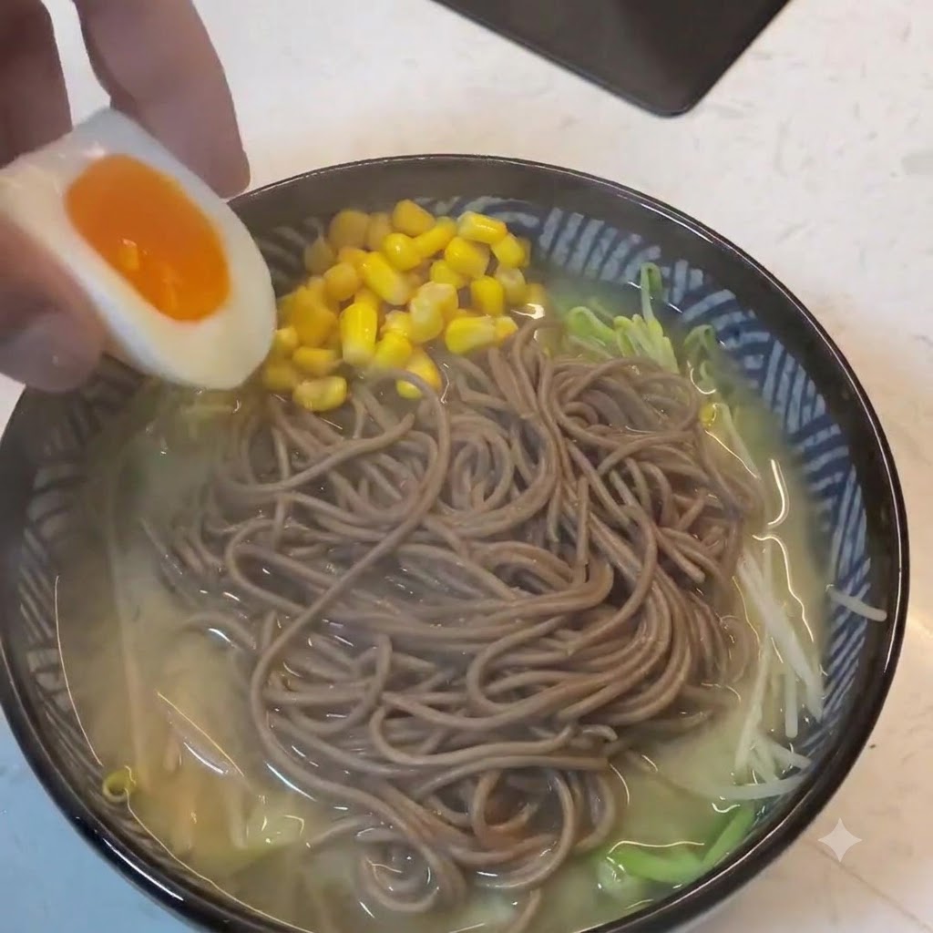 Una mano che posiziona un uovo barzotto tagliato a metà con un tuorlo ricco e arancione sopra la ciotola di ramen preparata.
