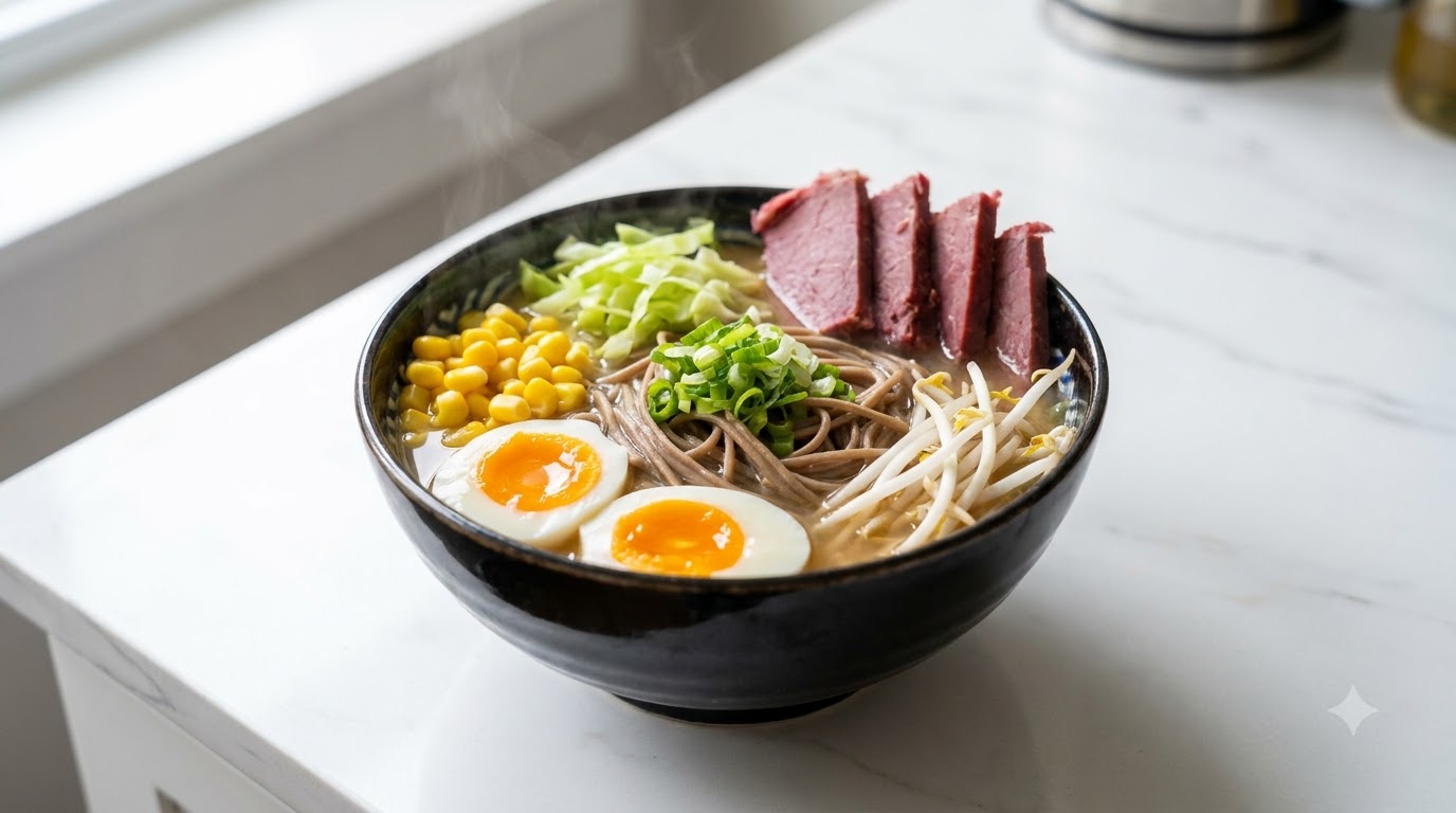 Una ciotola di ramen di miso light con noodles di grano saraceno, manzo marinato e uovo barzotto in un saporito brodo di miso
